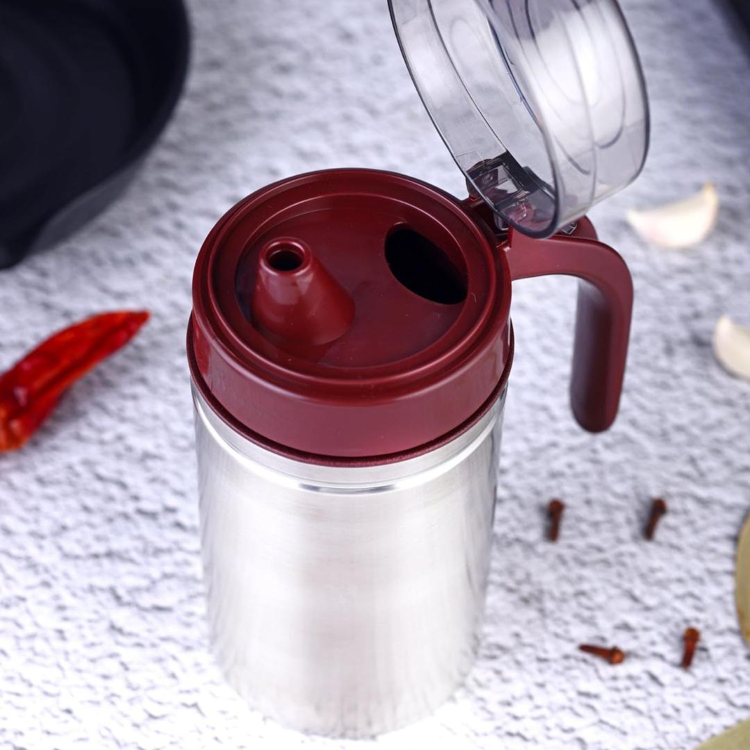 Stainless Steel Oil Dispenser Bottle with Flip Lid and Handle (Red)