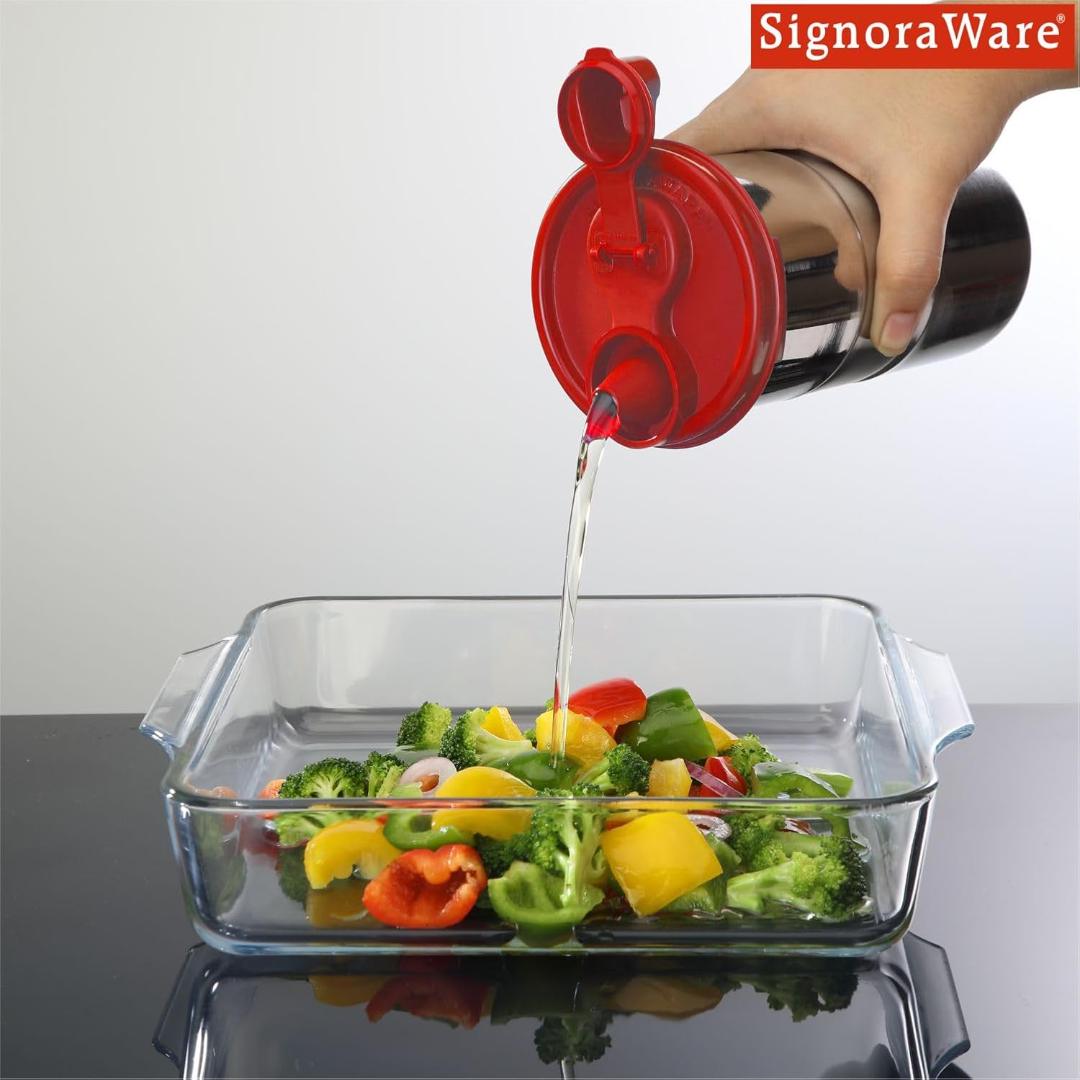 Stainless Steel Oil Dispenser Bottle with Flip Lid and Handle (Red)