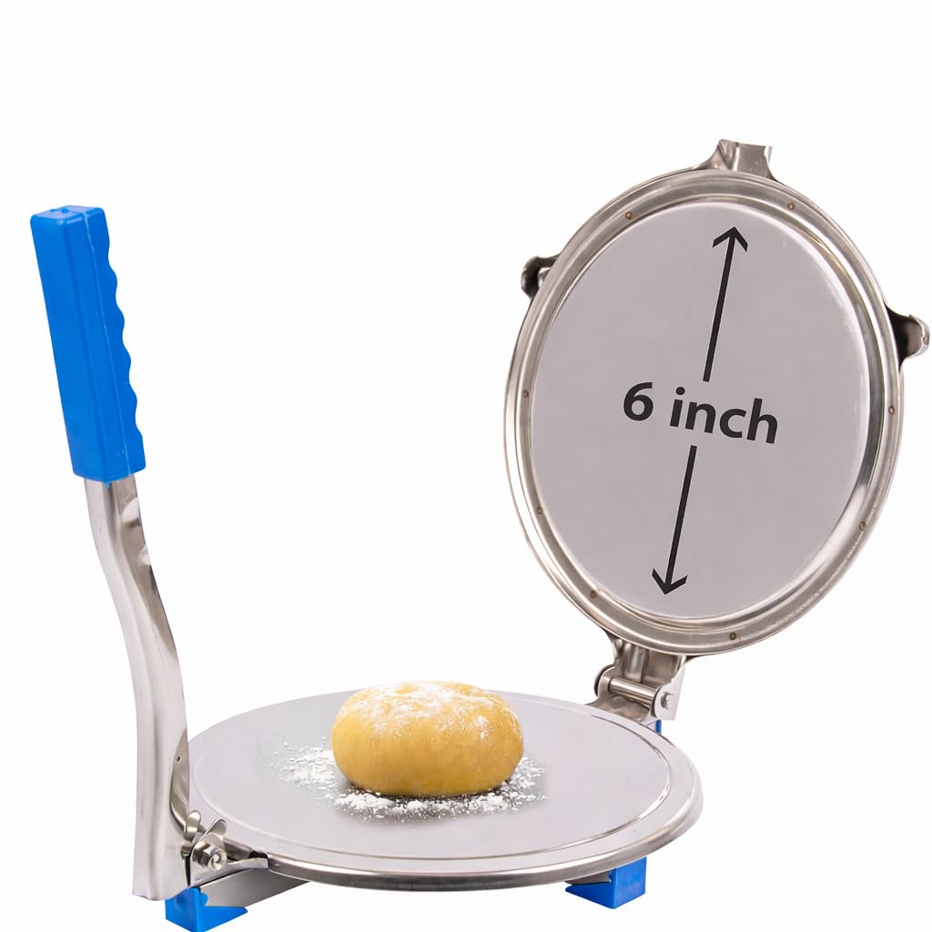 Stainless Steel Tortilla Press with Blue Handle - Manual Roti Maker