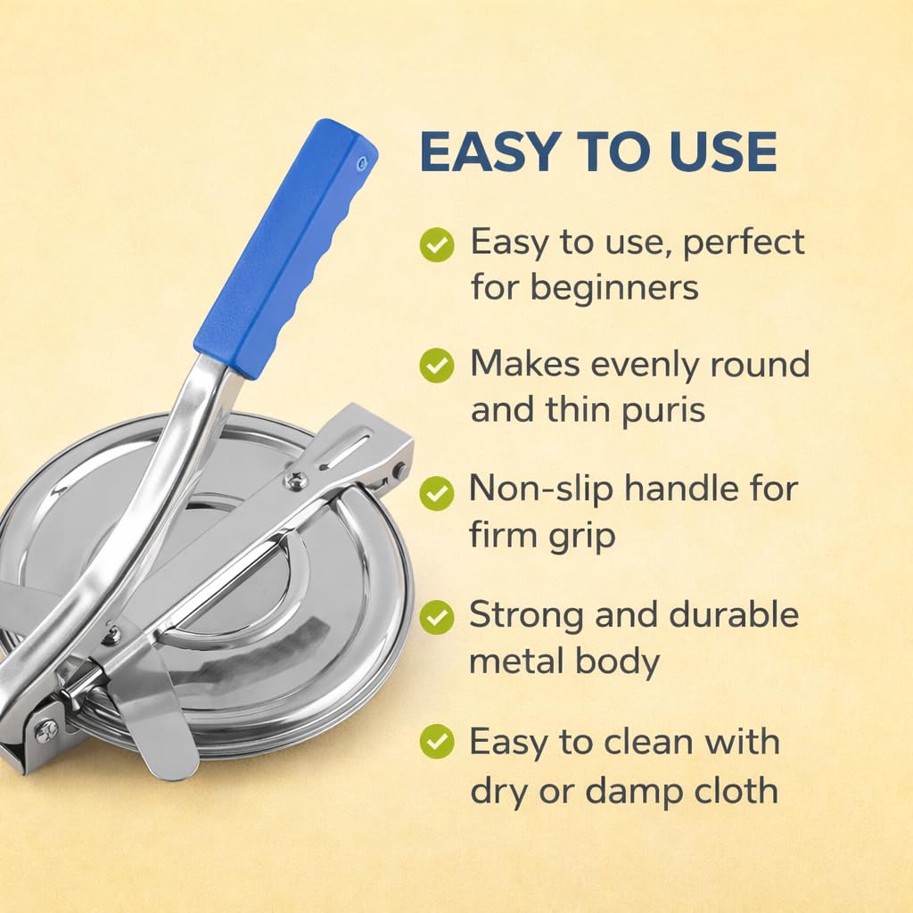 Stainless Steel Tortilla Press with Blue Handle - Manual Roti Maker