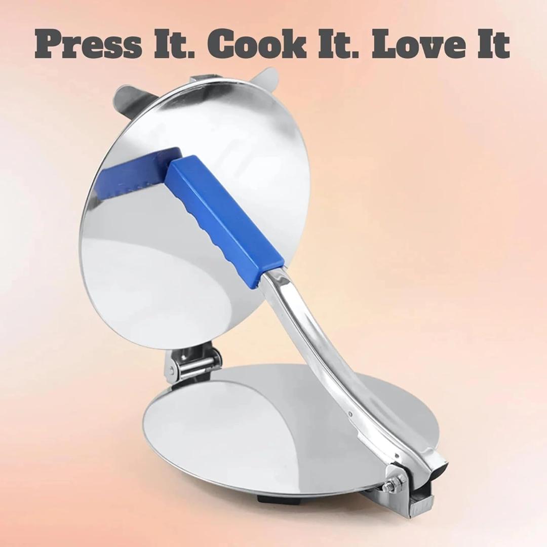 Stainless Steel Tortilla Press with Blue Handle - Manual Roti Maker