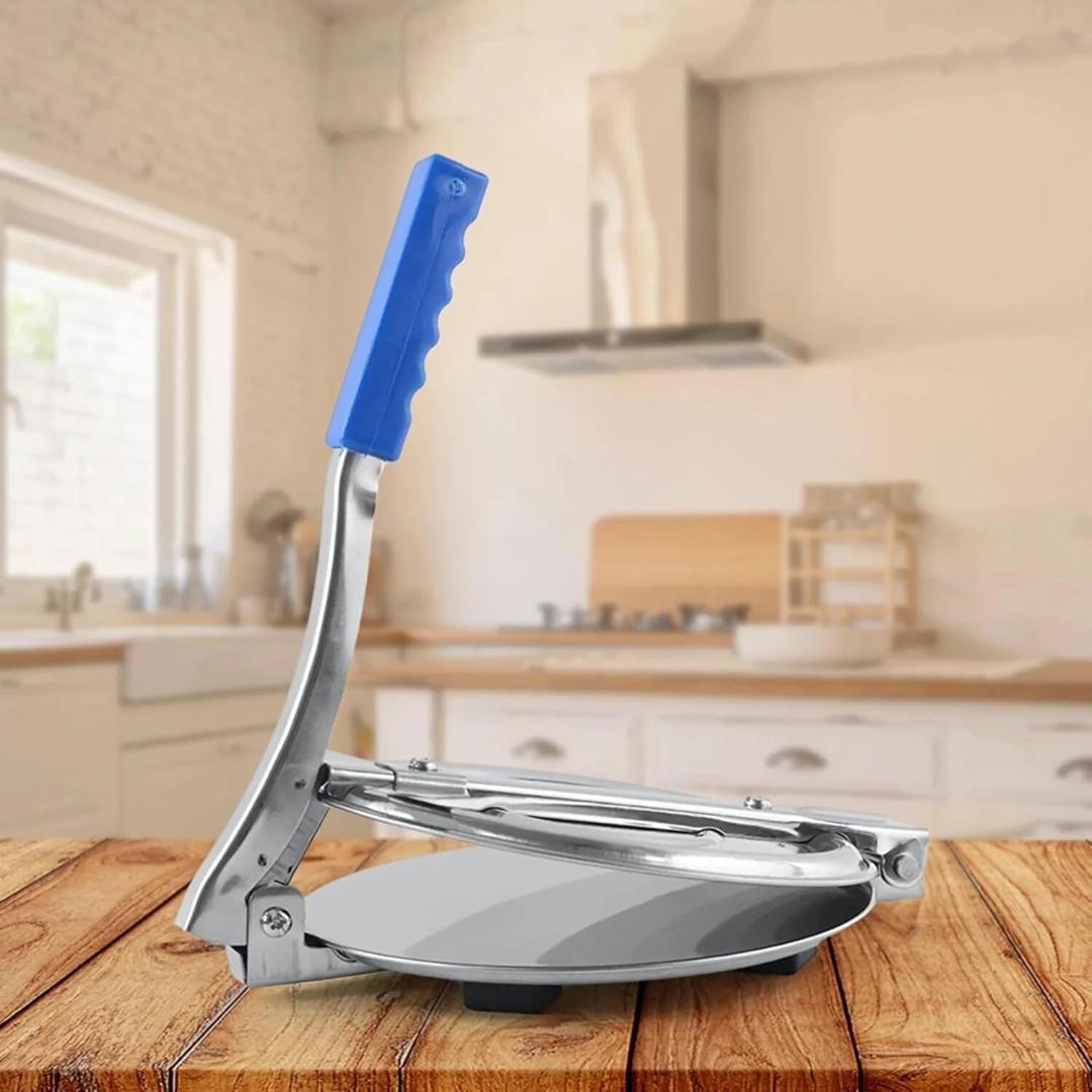 Stainless Steel Tortilla Press with Blue Handle - Manual Roti Maker