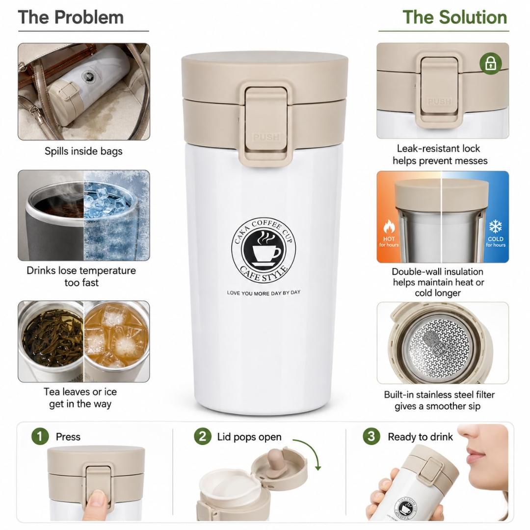 Stainless Steel Vacuum Insulated Coffee Flask with Flip Lock Lid (400ML / 1 Pc)