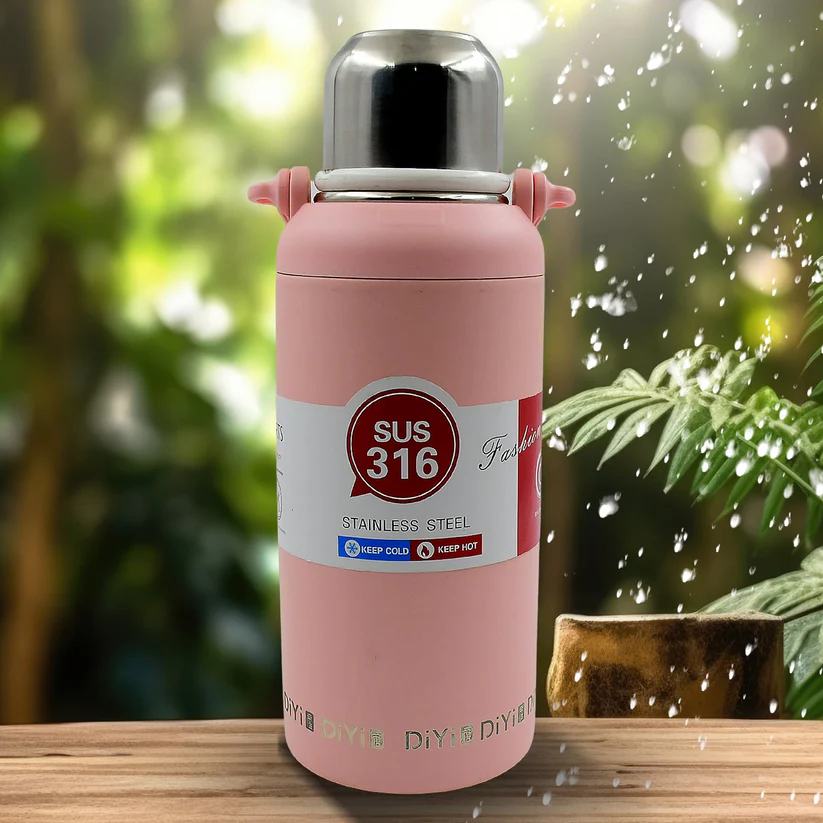 Stainless Steel Vacuum Insulated Water Bottle with Shoulder Strap - 1300ml (Pink)