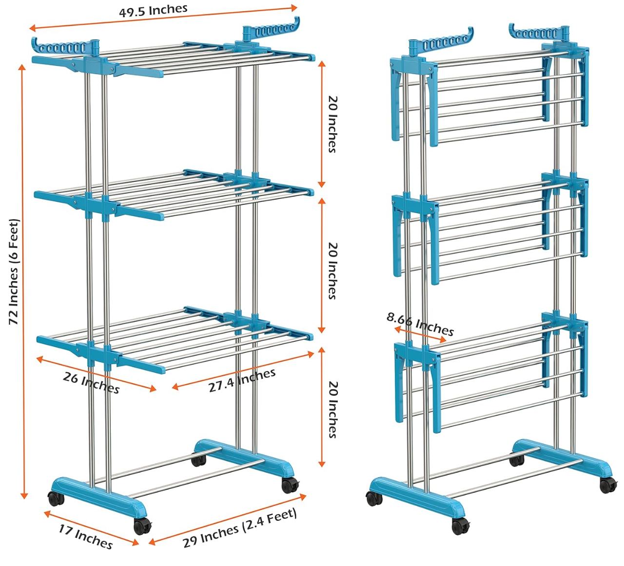 Synergy 3-Tier Foldable Clothes Drying Rack Stand with Wheels - Blue & Steel